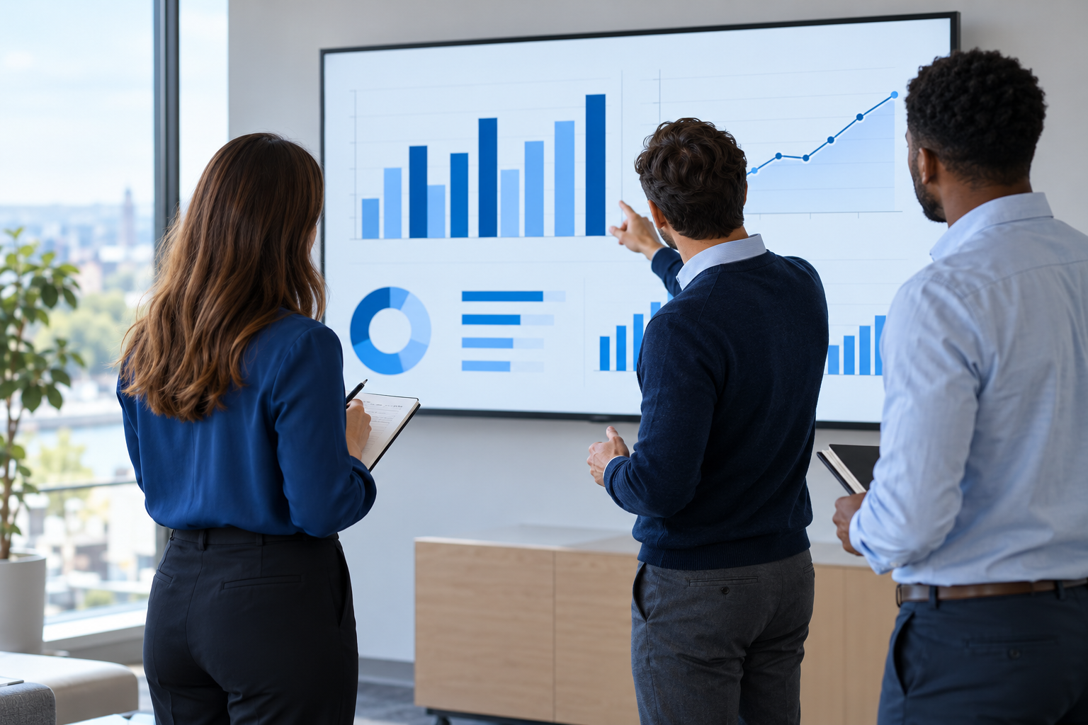 Illustrative image of business professionals reviewing charts on a presentation screen, viewed from behind